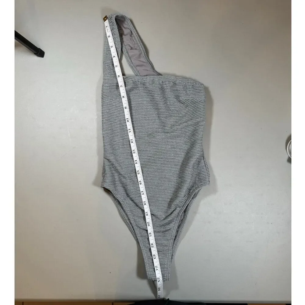 NWT RUMER The Label One Shoulder Swimsuit Gray Shimmery Fabric Size XS